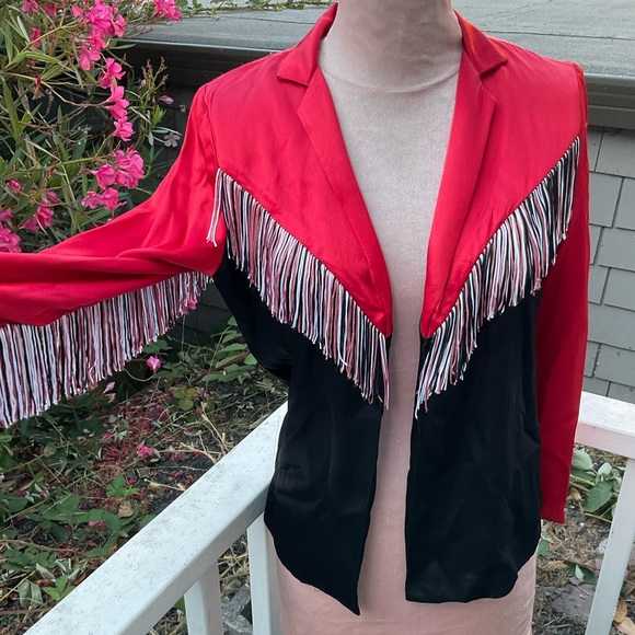 Vintage Jackets & Blazers - Vintage Rusty’s Place LTD. open front satin jacket fringe color block Small